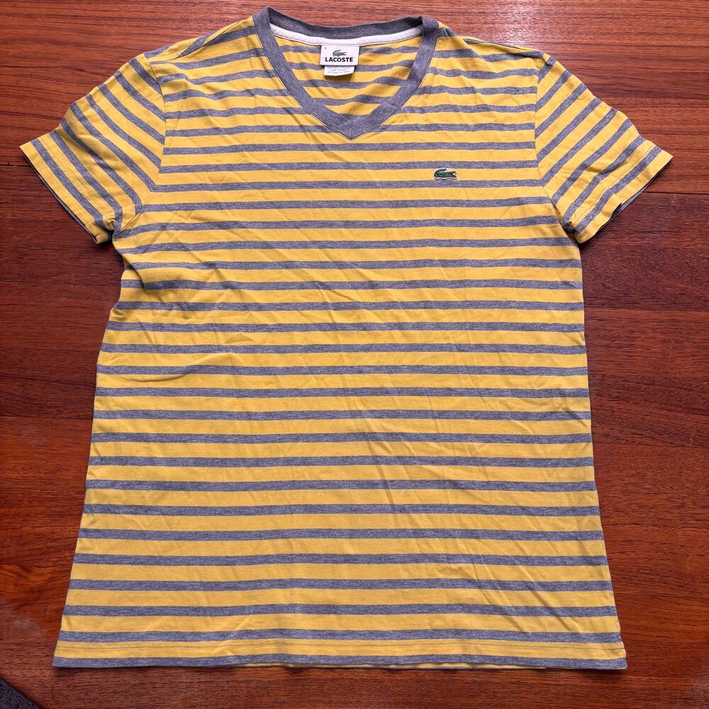 Lacoste Women's Yellow Gray Stripe Short Sleeve T Shirt Medium